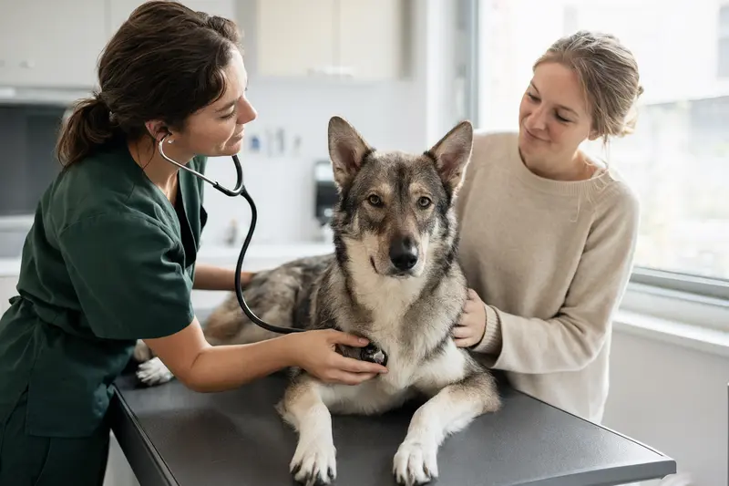 Ein freundlicher Tamaskan Hund wird von einer Tierärztin mit einem Stethoskop in einer hellen Tierarztpraxis untersucht, während sein Besitzer beruhigend daneben steht.