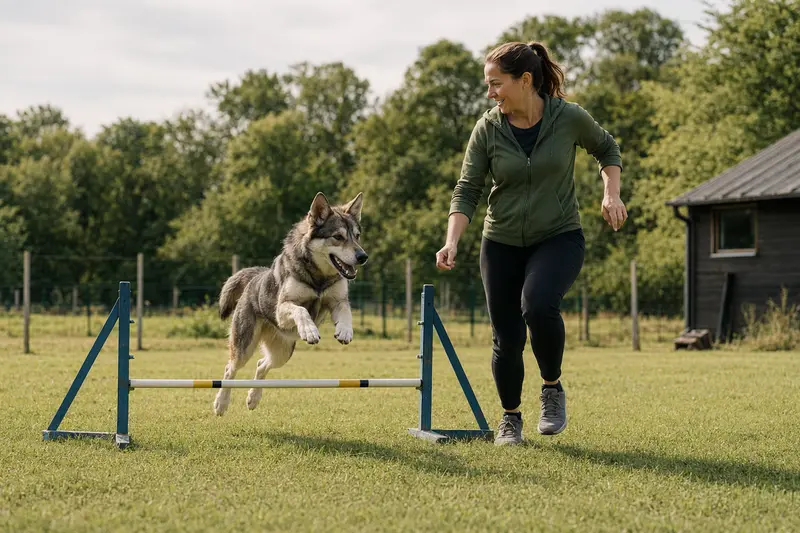 Ein Tamaskan Hund springt mit seinem Besitzer über eine kleine Trainingshürde auf dem Hundeplatz bei sonniger Stimmung.