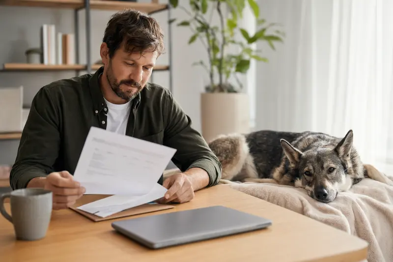 Ein Hundebesitzer sitzt mit einer Tierarztrechnung am Tisch, während ein entspannter Tamaskan Hund auf einer Decke neben ihm liegt – passend zum Thema Tierarztkosten und Absicherung.