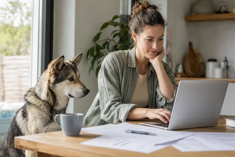 Ein Tamaskan Hund sitzt gelassen neben seinem Besitzer am Küchentisch, während Versicherungsunterlagen und ein Laptop auf dem Tisch liegen.