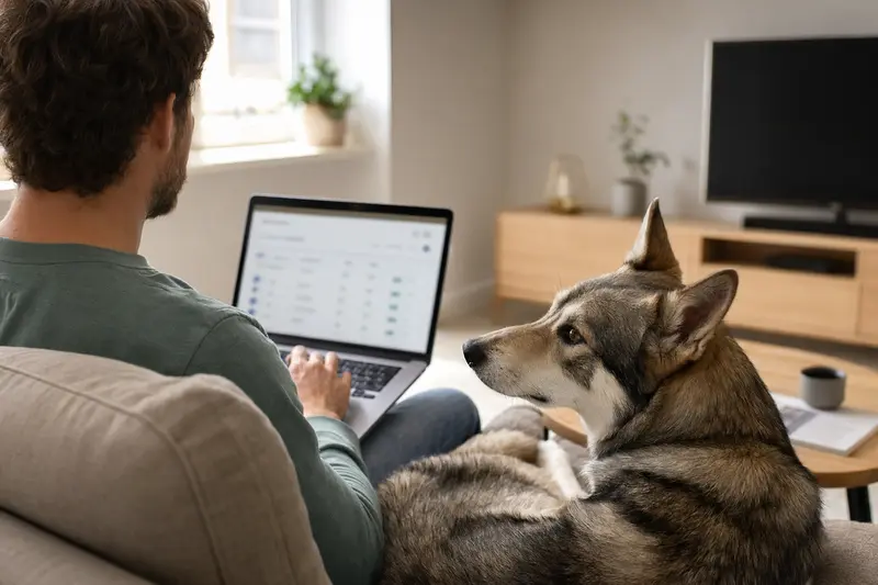 Ein Hundebesitzer mit Laptop auf dem Sofa, neben ihm ein Tamaskan Hund, zeigt eine neutrale Versicherungsvergleichsseite.