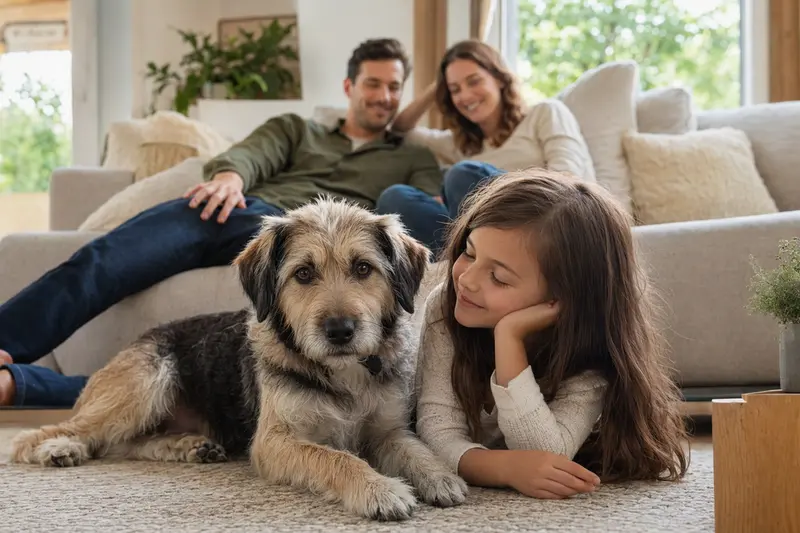 Ein freundlicher Tasi Hund liegt entspannt neben einem Kind im hellen Wohnzimmer, während die Eltern im Hintergrund eine sichere Familienatmosphäre schaffen.