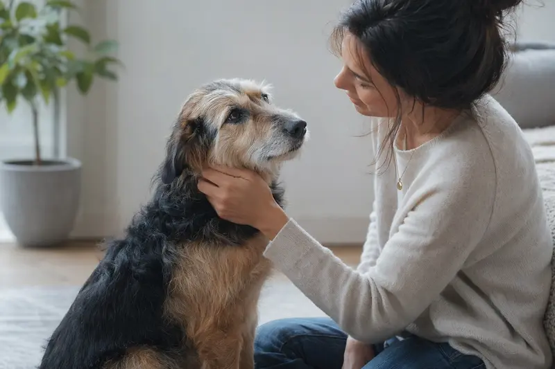 Ein aufmerksamer Tasi Hund steht in natürlicher Haltung vor hellem neutralem Hintergrund.