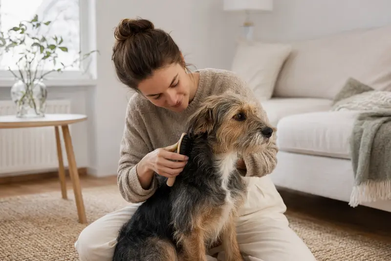 Ein Tasi Hund wird zuhause sanft gebürstet, während sein Besitzer liebevoll die Fellpflege übernimmt.