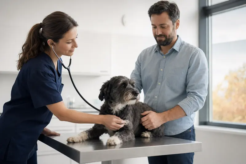 Eine Tierärztin untersucht einen ruhigen Hund in einer modernen Tierarztpraxis behutsam mit dem Stethoskop, während der Besitzer beruhigend daneben steht.