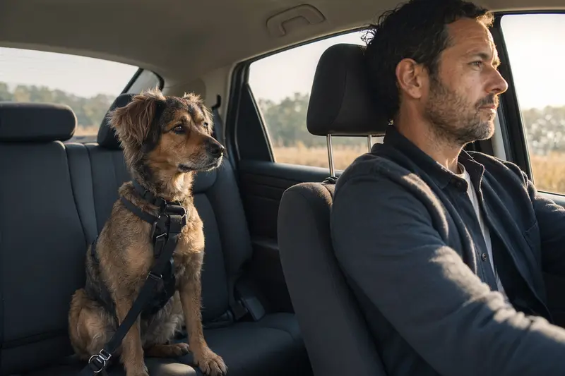 Ein sicher angeschnallter Hund sitzt auf der Rückbank eines Autos, während der Besitzer ruhig fährt und Sonnenlicht durch das Fenster fällt.