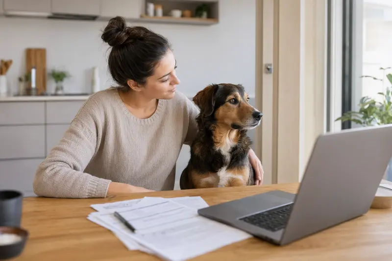 Ein Tasi Hund sitzt ruhig neben seinem Besitzer am Küchentisch, während Versicherungsunterlagen und ein Laptop mit neutraler Vergleichsseite zu sehen sind.
