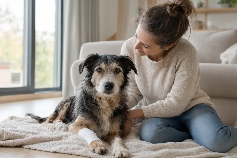 Ein Hund mit leichtem Verband an der Pfote liegt ruhig auf einer Decke, während sein Besitzer neben ihm erleichtert sitzt.