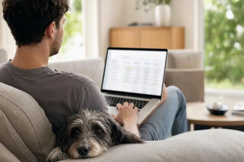 Ein Hund sitzt entspannt neben einem Laptop auf dem Sofa, während der Besitzer sich mit dem Thema Tierversicherung beschäftigt.