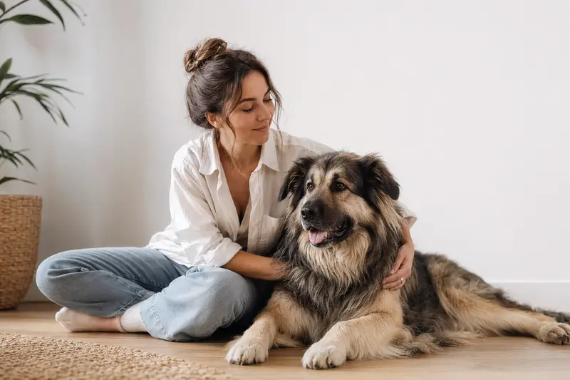 Ein aufmerksamer Tatra-Hirtenhund steht in natürlicher Haltung vor hellem Hintergrund.