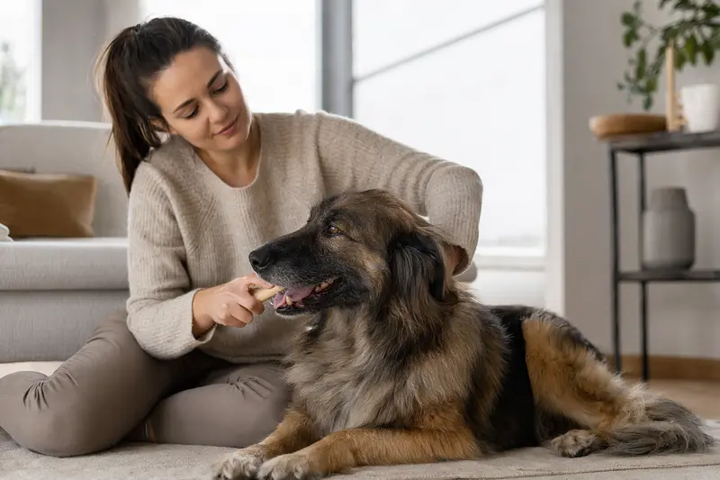 Ein Tatra-Hirtenhund wird in einer hellen Wohnung liebevoll gebürstet und gepflegt.
