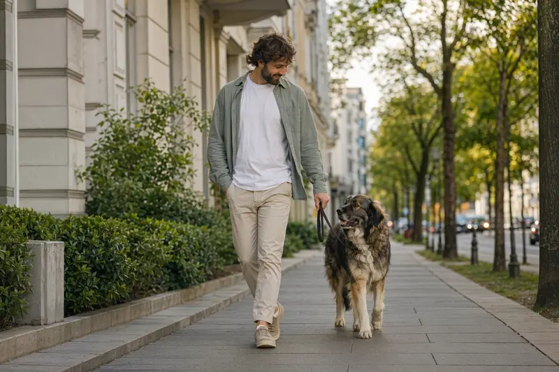 Ein Tatra-Hirtenhund läuft an der Leine mit seinem Besitzer durch eine moderne Stadtstraße.