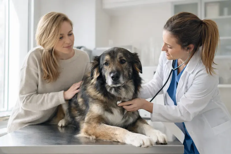 Eine Tierärztin untersucht einen ruhigen Tatra-Hirtenhund behutsam mit dem Stethoskop, während der Besitzer in der modernen Tierarztpraxis beruhigend danebensteht.