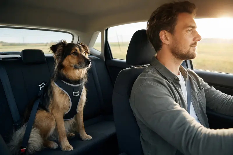 Tatra-Hirtenhund sitzt sicher angeschnallt auf der Rückbank eines Autos, während der Besitzer ruhig fährt und Sonnenlicht durch das Fenster fällt.