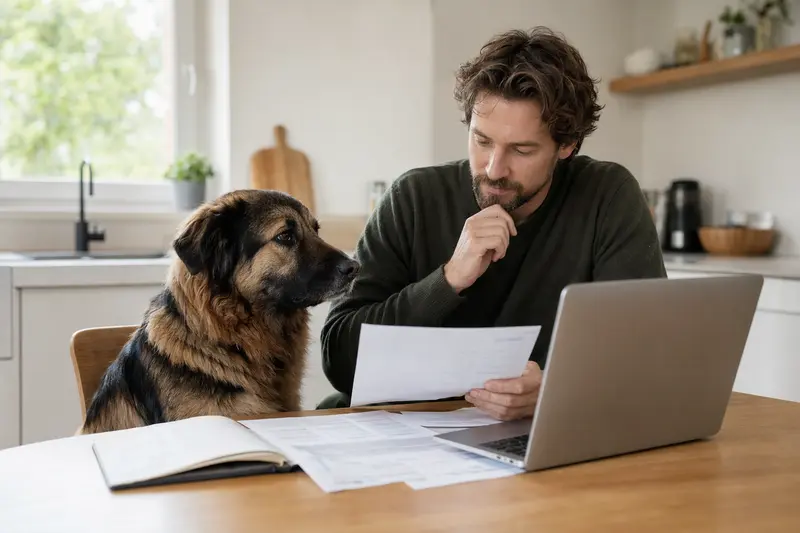 Ein Tatra-Hirtenhund sitzt ruhig neben seinem Besitzer am Küchentisch, während Versicherungsunterlagen und ein Laptop mit Vergleichsseite die Hundeversicherung thematisieren.
