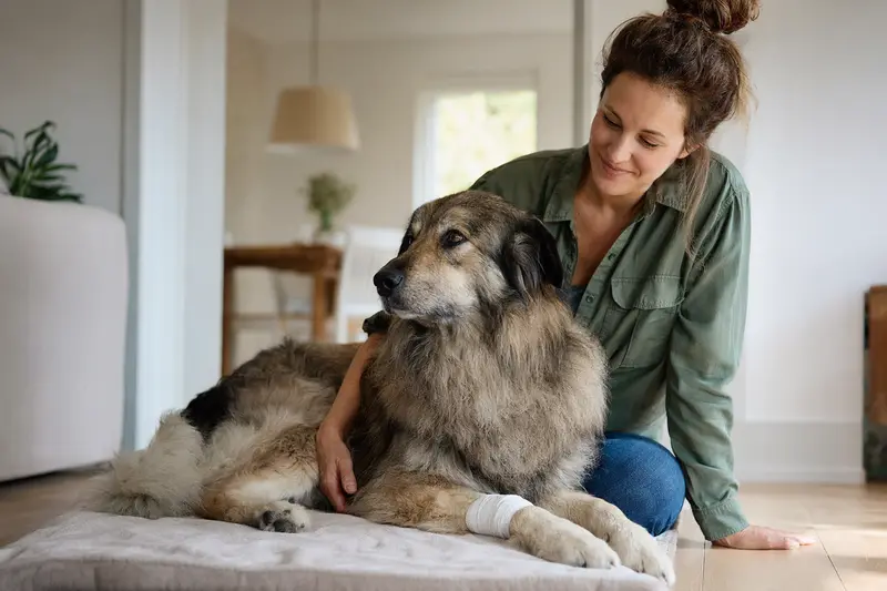 Tatra-Hirtenhund mit leichtem Verband an der Pfote liegt ruhig auf einer Decke neben seinem Besitzer in einer hellen Wohnung.