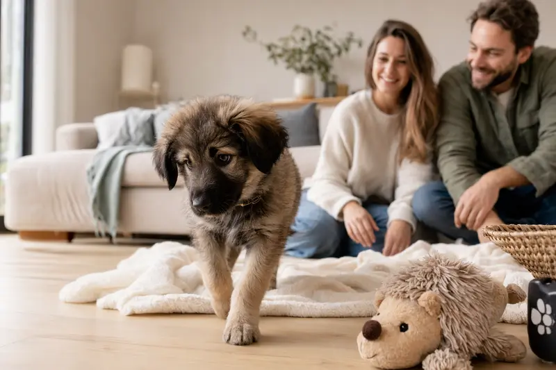 Ein junger Tatra-Hirtenhund-Welpe erkundet neugierig sein neues Zuhause auf einer weichen Decke, während seine Familie im hellen Wohnraum im Hintergrund zu sehen ist.