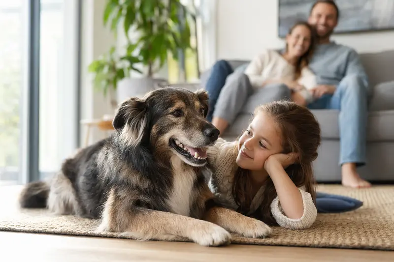 Ein Tatrahund liegt entspannt neben einem Kind im hellen Wohnzimmer, während Eltern im Hintergrund eine sichere und vertrauensvolle Familienatmosphäre schaffen.