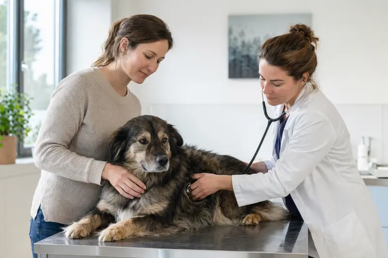 Eine Tierärztin untersucht einen ruhigen Tatrahund behutsam mit dem Stethoskop, während der Besitzer in der hellen Tierarztpraxis beruhigend danebensteht.
