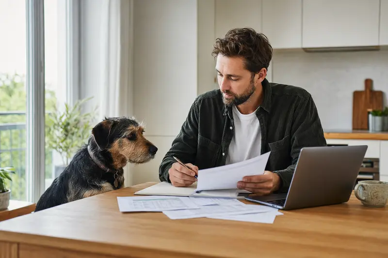 Ein Tatrahund sitzt ruhig neben seinem Besitzer am Küchentisch, während Versicherungsunterlagen und ein Laptop mit neutraler Vergleichsseite sichtbar sind.