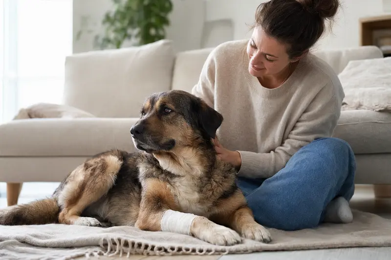 Ein Tatrahund mit leicht verbundenem Vorderlauf liegt ruhig auf einer Decke, während sein Besitzer erleichtert neben ihm sitzt.