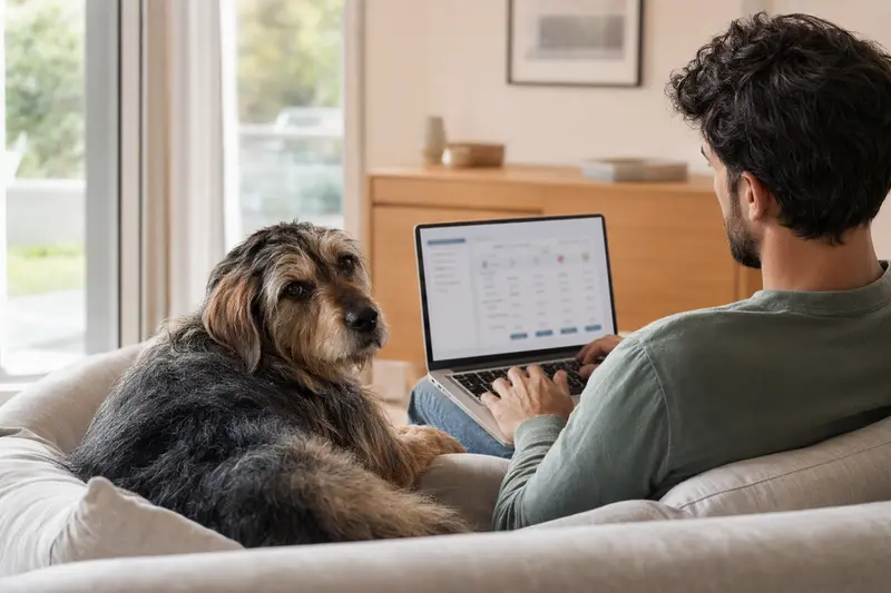 Ein Tatrahund sitzt neben einem Besitzer auf dem Sofa, während dieser am Laptop eine Versicherungsvergleichsseite betrachtet.