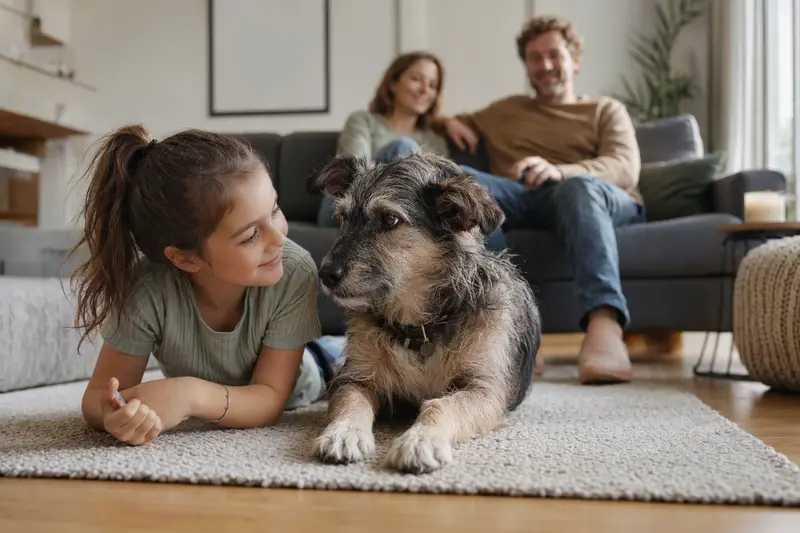 Ein freundlicher Tazy Hund liegt entspannt neben einem Kind im hellen Wohnzimmer einer Familie.