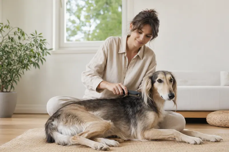 Ein Tazy Hund wird in einer hellen Wohnung sanft gebürstet und zeigt die liebevolle Fellpflege durch seinen Besitzer.