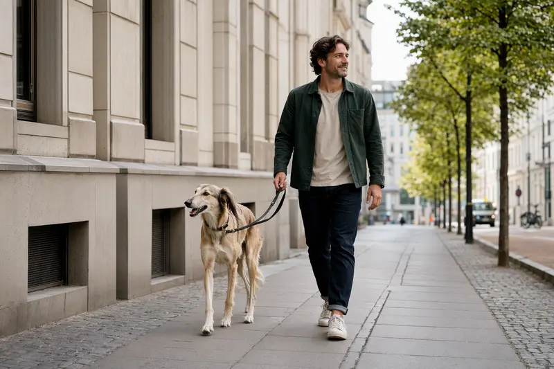 Ein Tazy Hund läuft entspannt an der Leine mit seinem Besitzer durch eine moderne Stadtstraße.