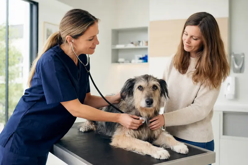 Eine Tierärztin untersucht einen ruhigen Tazy Hund mit dem Stethoskop in einer modernen Tierarztpraxis, während der Besitzer beruhigend daneben steht.