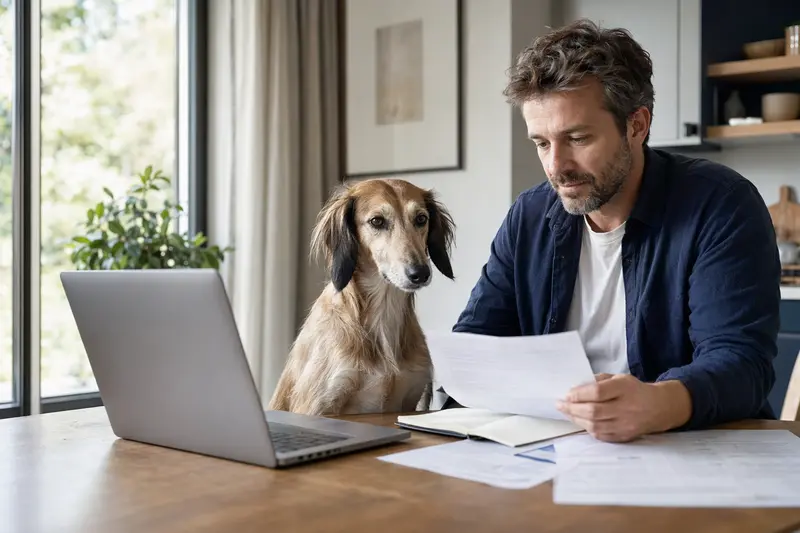Ein Tazy Hund sitzt ruhig neben seinem Besitzer am Küchentisch, während auf dem Tisch Versicherungsunterlagen und ein Laptop mit Vergleichsseite liegen.