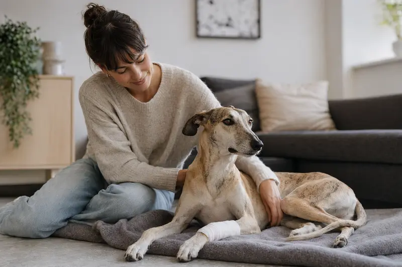 Ein Tazy Hund mit leichtem Verband an der Pfote liegt ruhig auf einer Decke, während sein Besitzer erleichtert neben ihm sitzt.