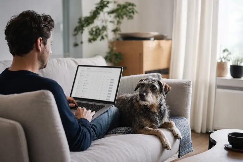 Der Hundebesitzer sitzt mit Laptop auf dem Sofa und vergleicht Tierversicherungen, während sein Tazy-Hund entspannt an seiner Seite liegt.