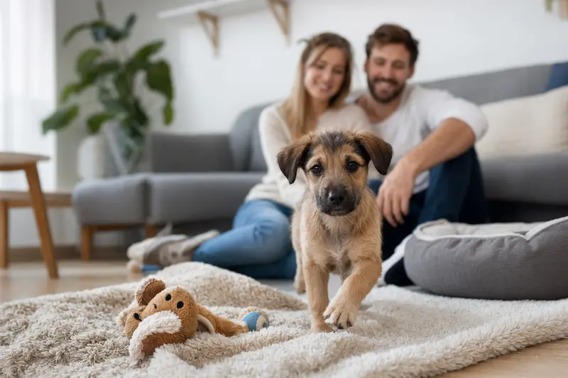 Ein junger Tazy-Welpe erkundet neugierig sein neues Zuhause auf einer weichen Decke, während seine Familie im Hintergrund in einer hellen Wohnung zu sehen ist.