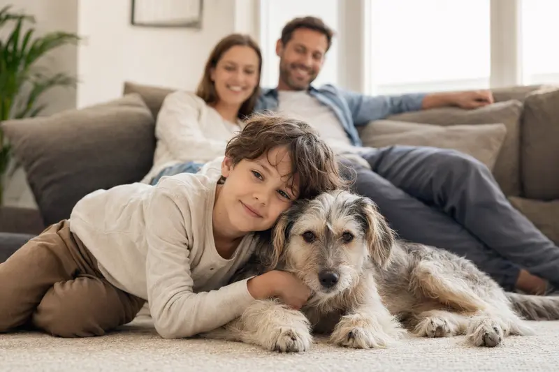 Ein freundlicher Tchiorny Terrier liegt entspannt neben einem Kind im hellen Wohnzimmer, während die Eltern im Hintergrund eine sichere Familienatmosphäre schaffen.