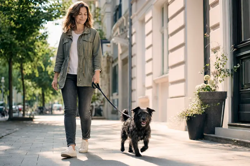 Ein Tchiorny Terrier läuft an der Leine mit seinem Besitzer entspannt durch eine moderne Stadtstraße.