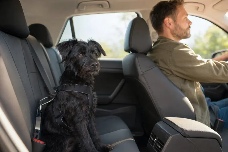 Ein Tchiorny Terrier sitzt sicher angeschnallt auf der Rückbank eines Autos, während sein Besitzer ruhig fährt.