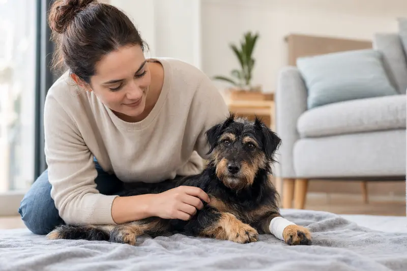 Ein Tchiorny Terrier mit leicht verbundenem Pfotenverband liegt ruhig auf einer Decke, während sein Besitzer neben ihm sitzt und erleichtert wirkt.