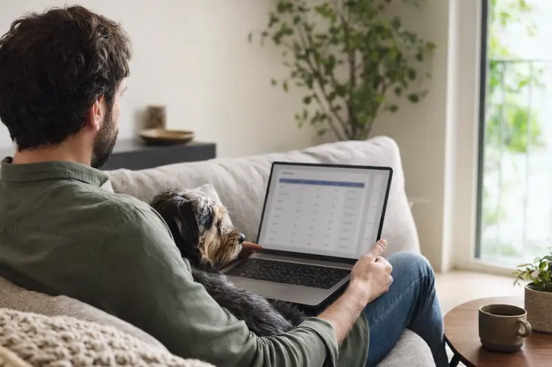 Ein Hundebesitzer sitzt mit einem Tchiorny Terrier auf dem Sofa und vergleicht Versicherungen auf dem Laptop.