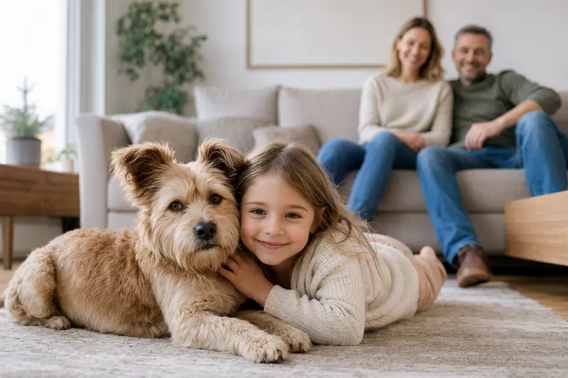 Ein freundlicher Techichi Hund liegt entspannt neben einem Kind im hellen Wohnzimmer, während die Eltern im Hintergrund eine sichere Familienatmosphäre schaffen.