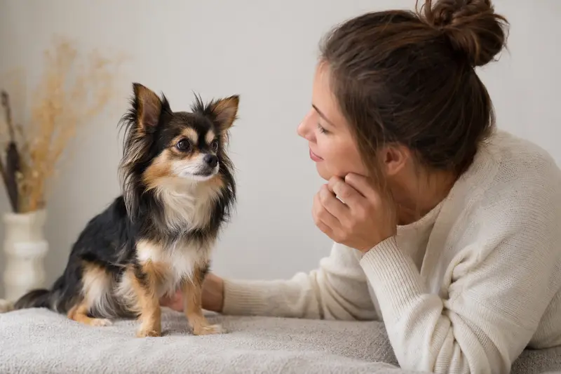 Ein aufmerksamer Techichi Hund steht in natürlicher Haltung vor hellem neutralem Hintergrund.