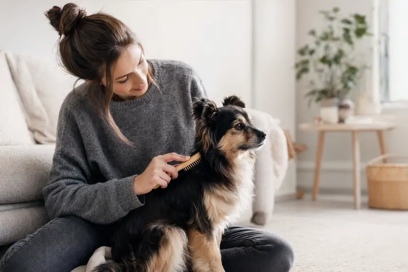 Ein Techichi Hund wird in einer hellen Wohnung liebevoll gebürstet, während der Besitzer die Fellpflege ruhig und aufmerksam übernimmt.