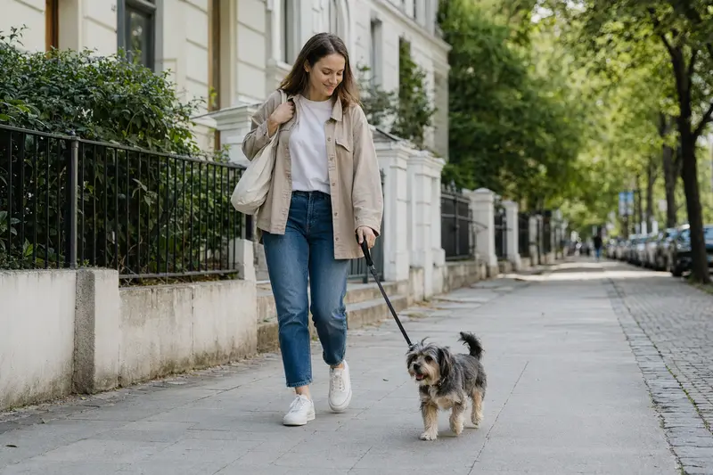 Ein Techichi Hund läuft entspannt an der Leine mit seinem Besitzer durch eine moderne Stadtstraße.