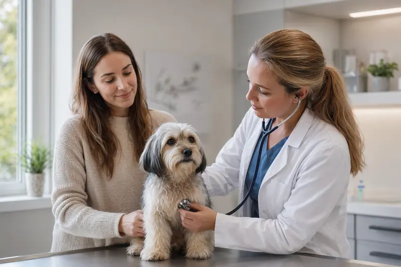 Eine Tierärztin untersucht einen ruhigen Techichi Hund in einer modernen Tierarztpraxis behutsam mit dem Stethoskop, während der Besitzer beruhigend danebensteht.