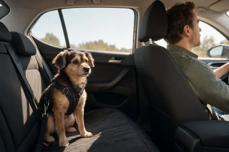 Ein Techichi Hund sitzt sicher angeschnallt auf der Rückbank eines Autos, während der Besitzer ruhig fährt.