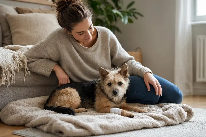Ein Techichi Hund mit leicht verbundenen Pfote liegt auf einer Decke, während sein Besitzer erleichtert neben ihm sitzt.