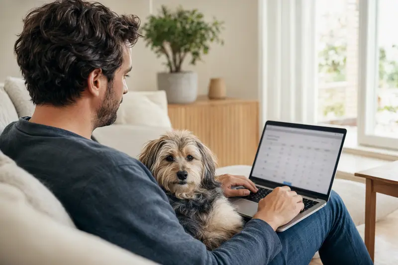 Ein Hundebesitzer mit seinem Techichi-Hund sitzt auf dem Sofa und vergleicht Versicherungen auf dem Laptop.