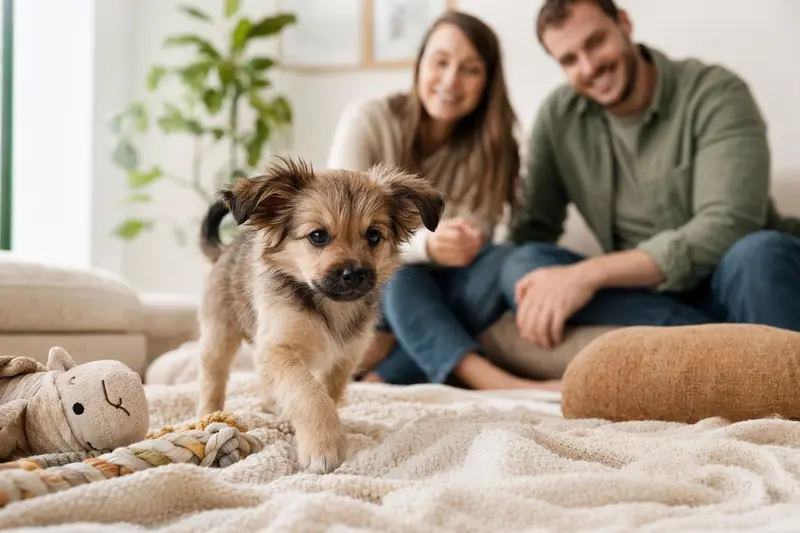 Ein junger Techichi Welpe entdeckt neugierig sein neues Zuhause in einer hellen Wohnung mit weicher Decke und Spielzeug, während seine Familie im Hintergrund liebevoll zusieht.