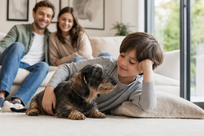 Ein freundlicher Teckel liegt entspannt neben einem Kind im Wohnzimmer, während die Eltern im Hintergrund eine sichere Familienatmosphäre schaffen.