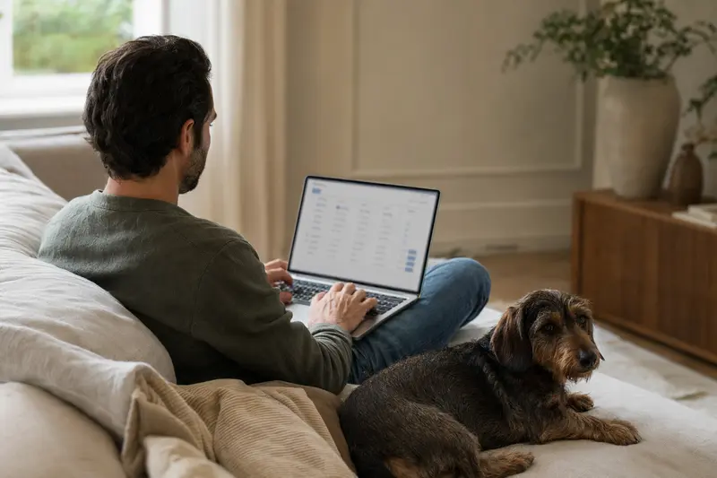 Ein Hundebesitzer arbeitet am Laptop auf dem Sofa, während ein Teckel daneben sitzt und eine neutrale Versicherungsvergleichs-Oberfläche angedeutet wird.